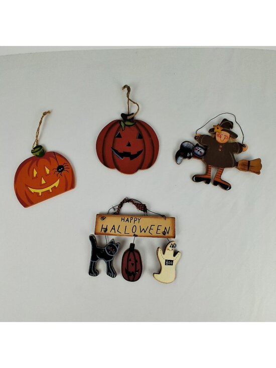 Unbranded Other - Halloween Wooden Ornaments Featuring Jack-O-Lanterns Witch Happy Halloween Sign
